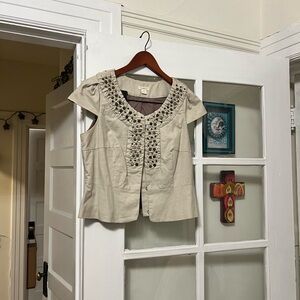 Anthropologie Women's Embellished Cream Jean Jacket